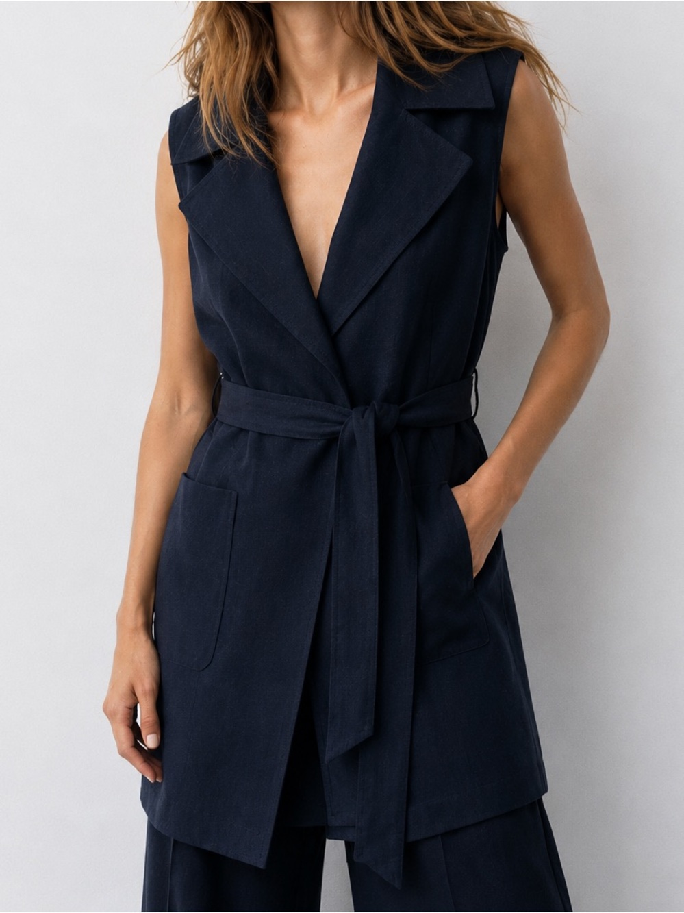 Topshop Navy Sleeveless Longline Belted Coat Vest UK 6